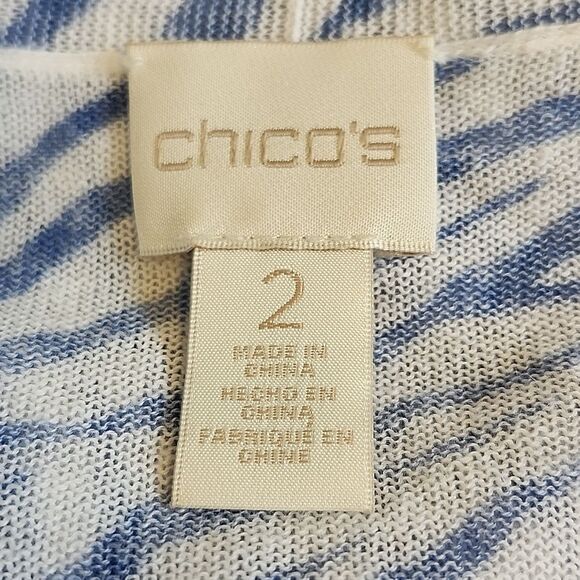 Chico's Linen Blend Cardigan Sweater, Blue & White Zebra Print, Lace Panels, 12 - Picture 5 of 9